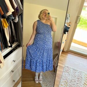 Blue Floral One-Shoulder Dress